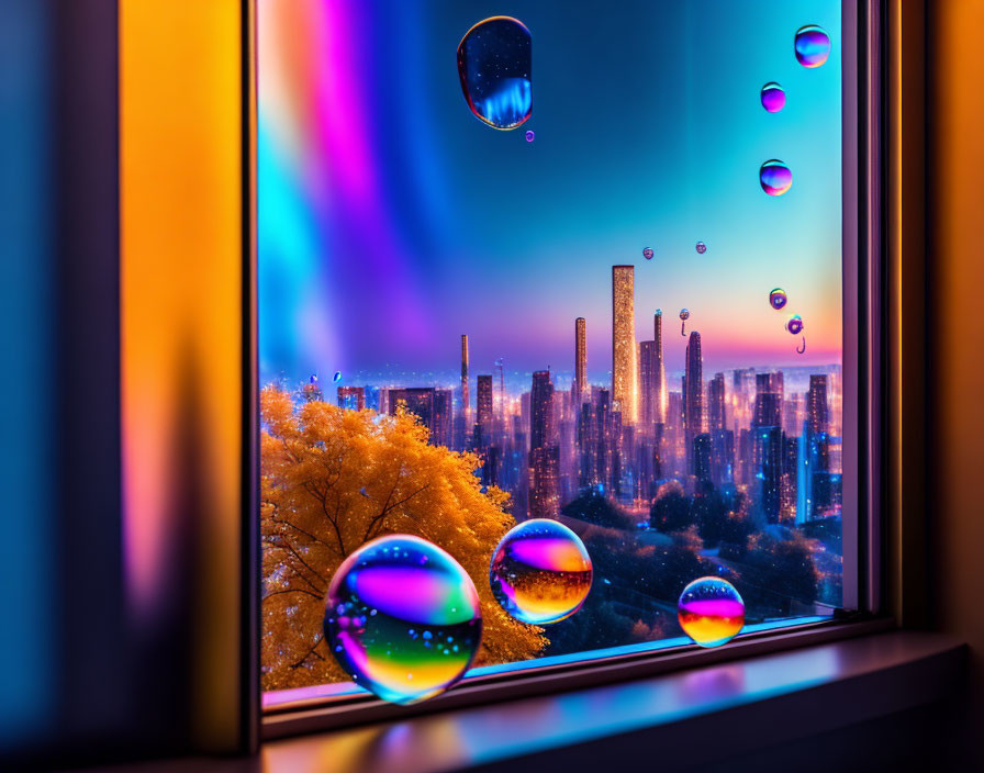 Colorful soap bubbles distort vibrant cityscape at dusk