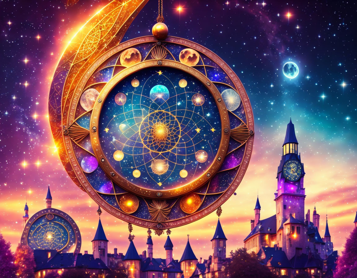 Celestial clock and glowing constellations in fantastical nightscape