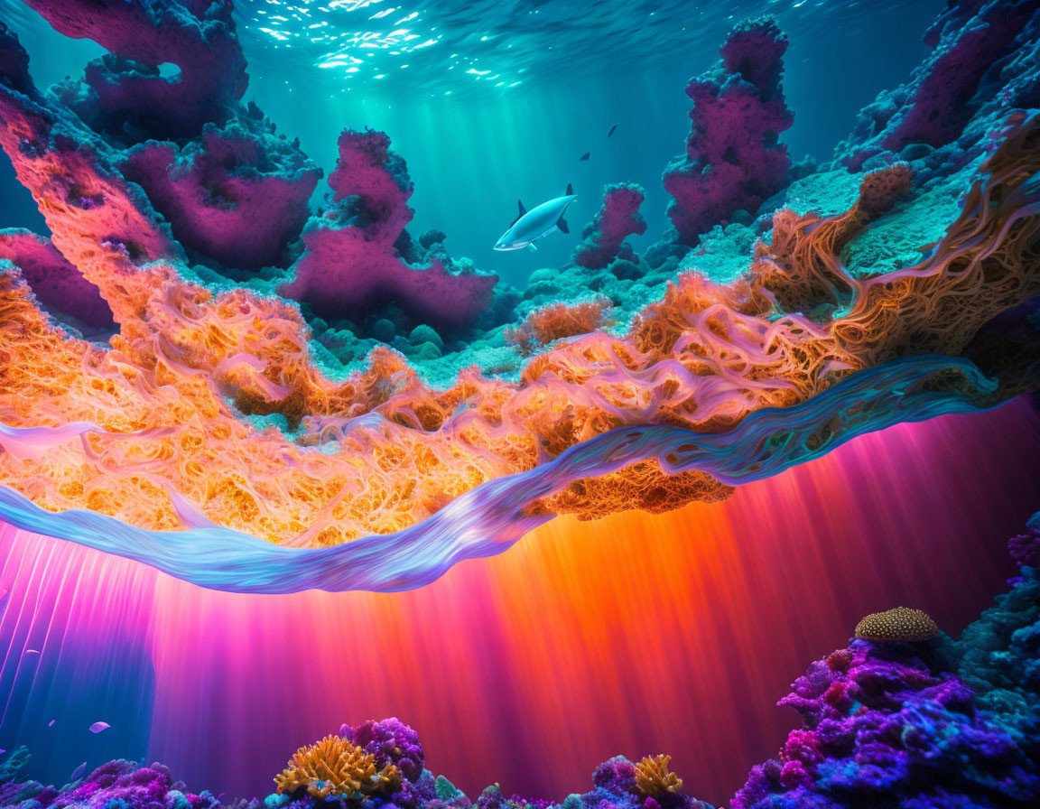 Colorful Coral Formations and Shark in Sunlit Underwater Scene