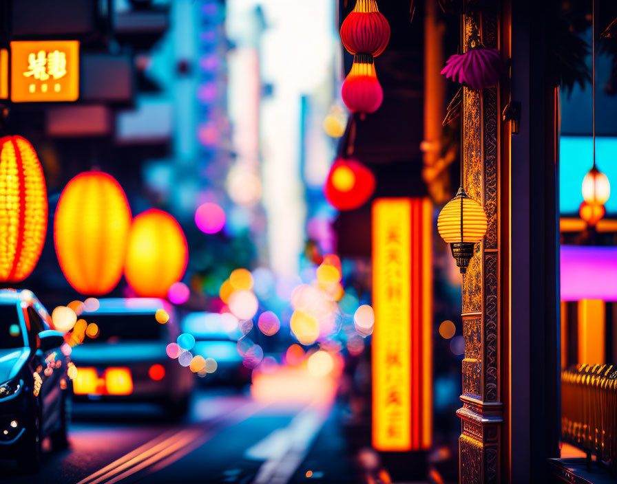 Vibrant Chinese lanterns and neon signs illuminate evening street