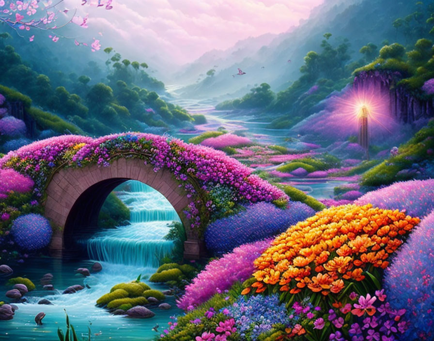 Colorful Stone Bridge Landscape with Lush Flora and Misty Dawn Light