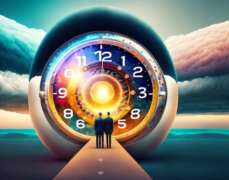 Surreal time portal with clock face between colorful clouds and calm seas