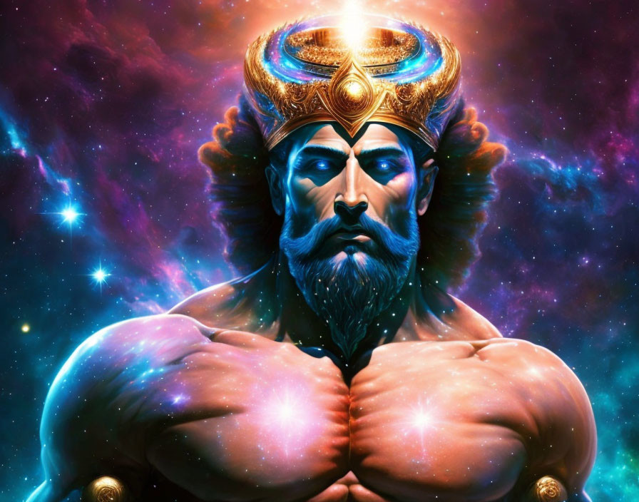 Muscular man with crown in cosmic starry setting