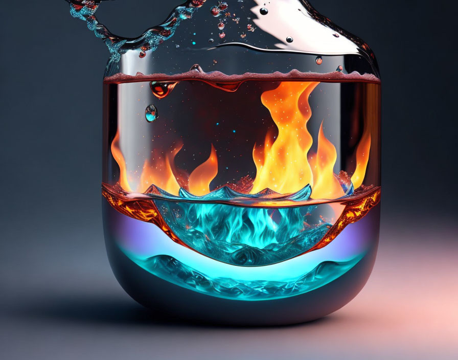 Glass jar with water, flames, and splash on gradient background