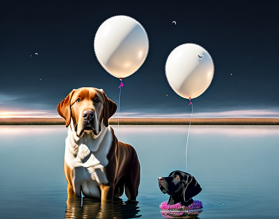 Two dogs with white balloons in serene landscape with birds.