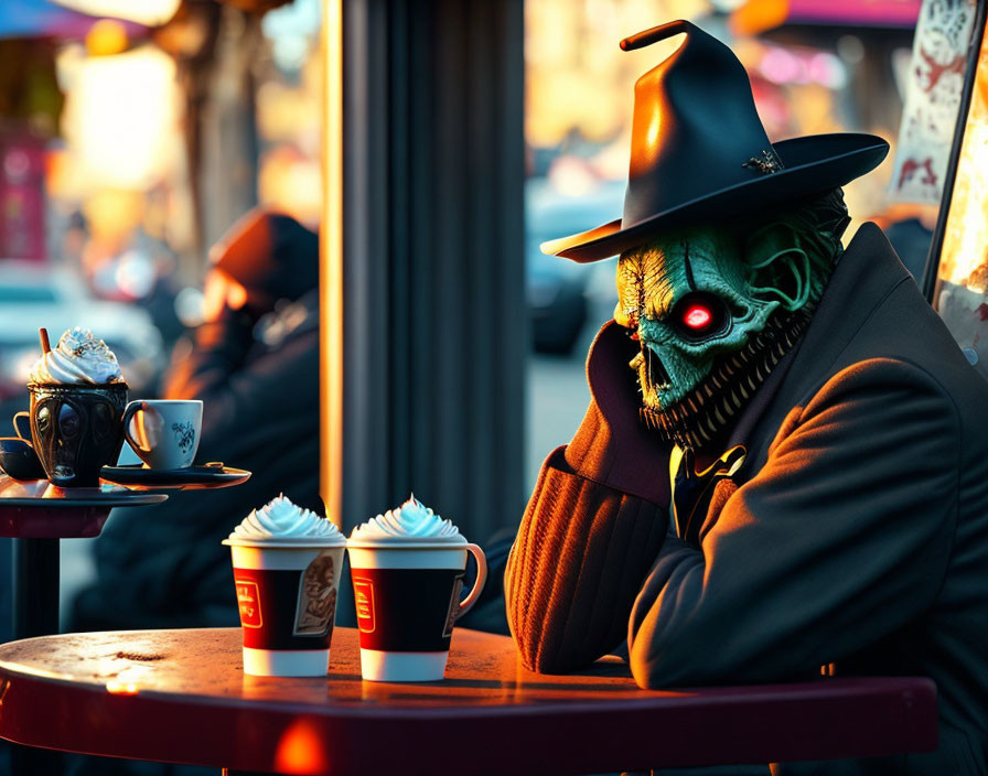 Character with green monster face and red glowing eye in fedora at cafe table at dusk