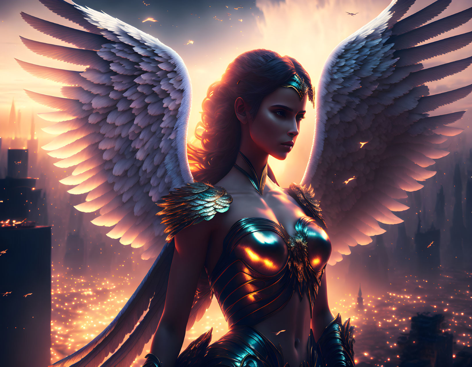 Digital artwork: Female figure with angelic wings in futuristic city at dusk