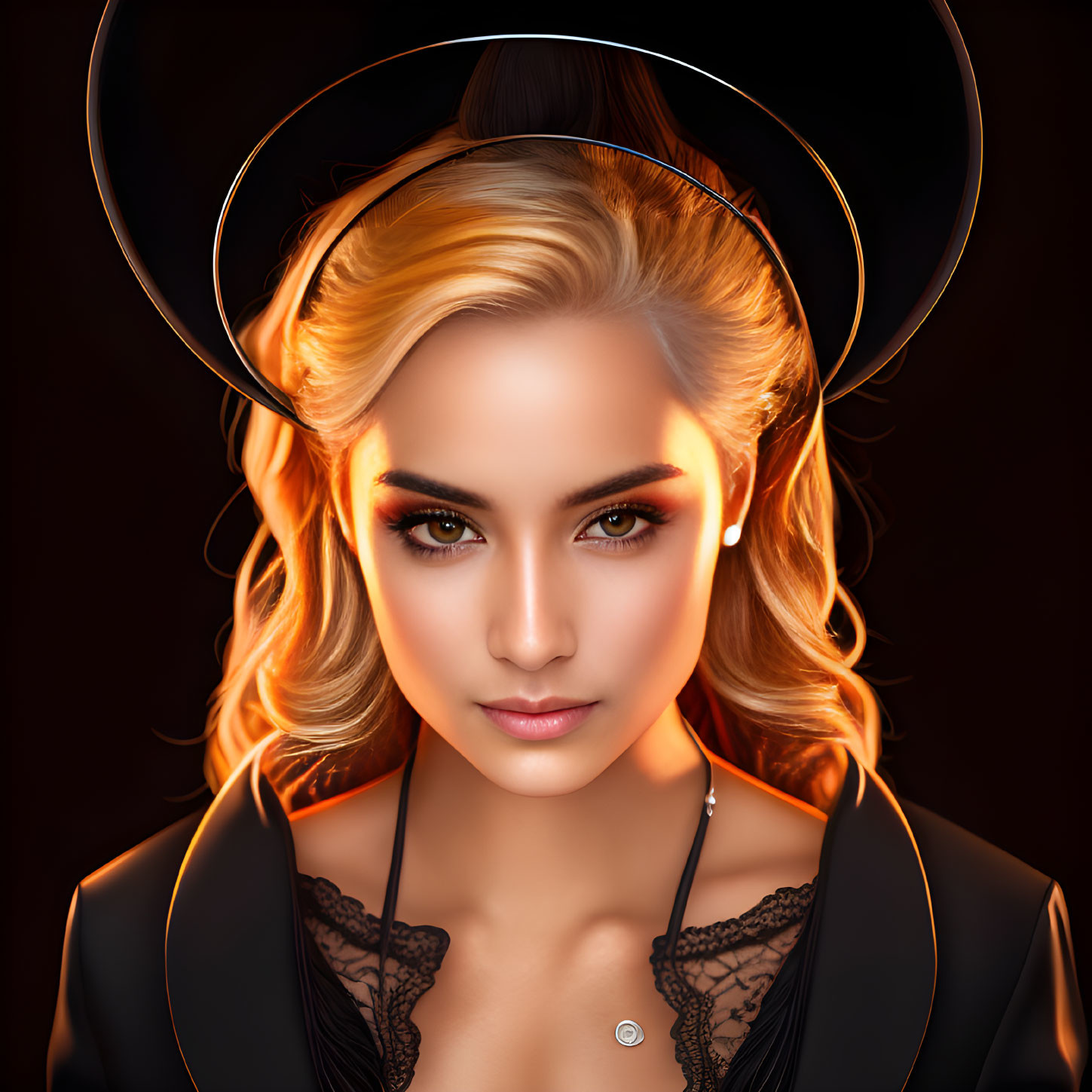 Blonde Woman with Glowing Halo in Black Outfit Portrait