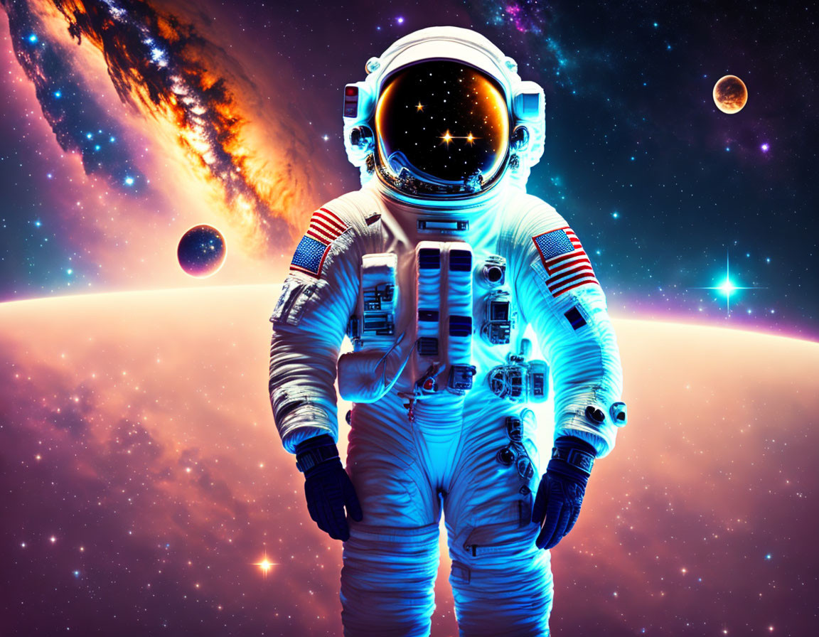 Detailed astronaut spacesuit against cosmic backdrop with planets and stars