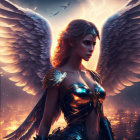 Digital artwork: Female figure with angelic wings in futuristic city at dusk