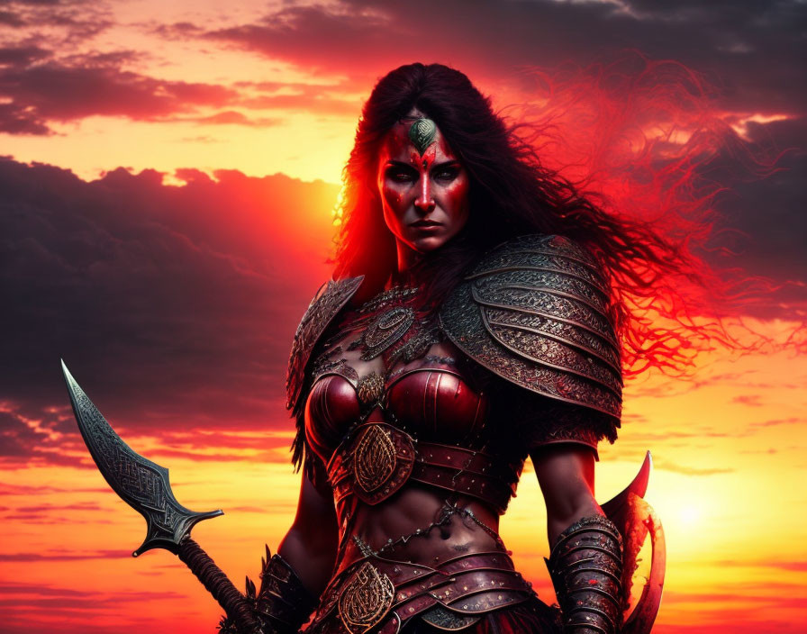 Warrior woman in elaborate armor with daggers against red sunset sky