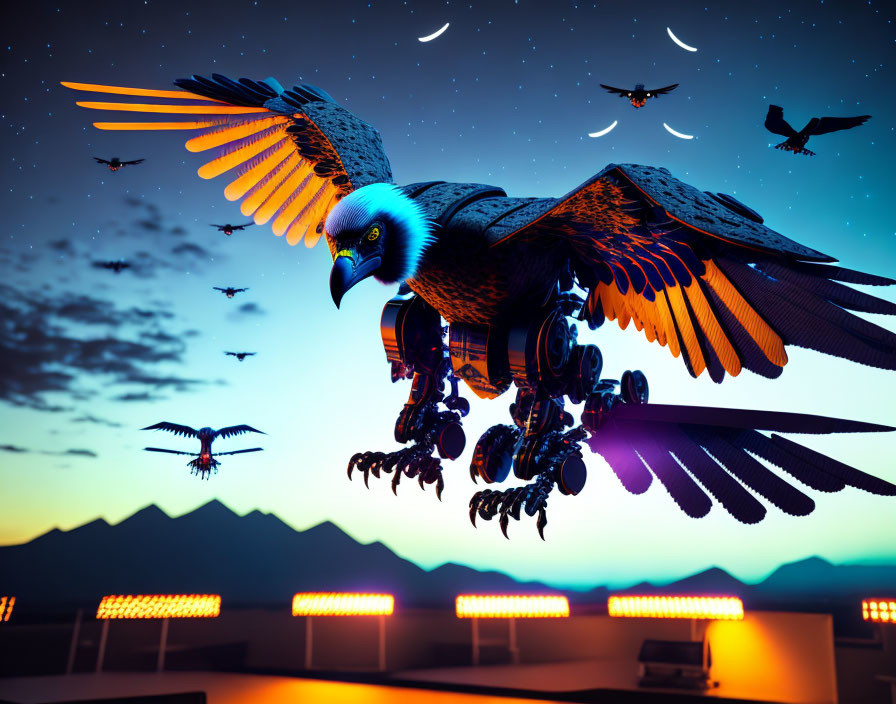 Robotic eagle with illuminated wings soaring over twilight landscape