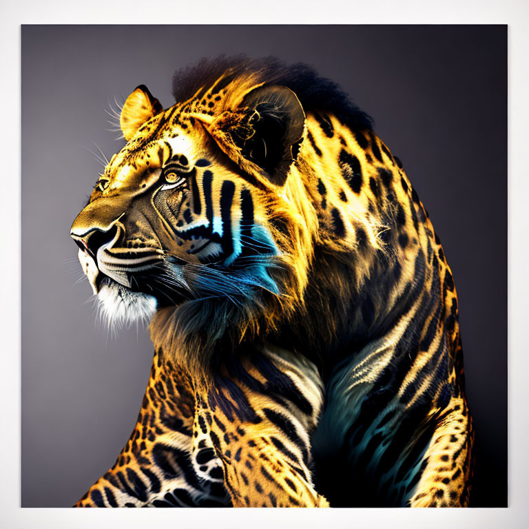 Digital artwork: Lion and tiger blend with vibrant stripes and majestic mane