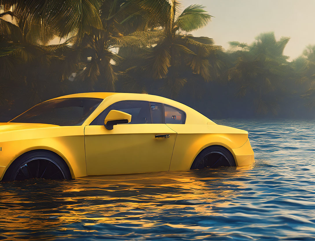 Yellow Sports Car Submerged in Water with Palm Trees and Mist