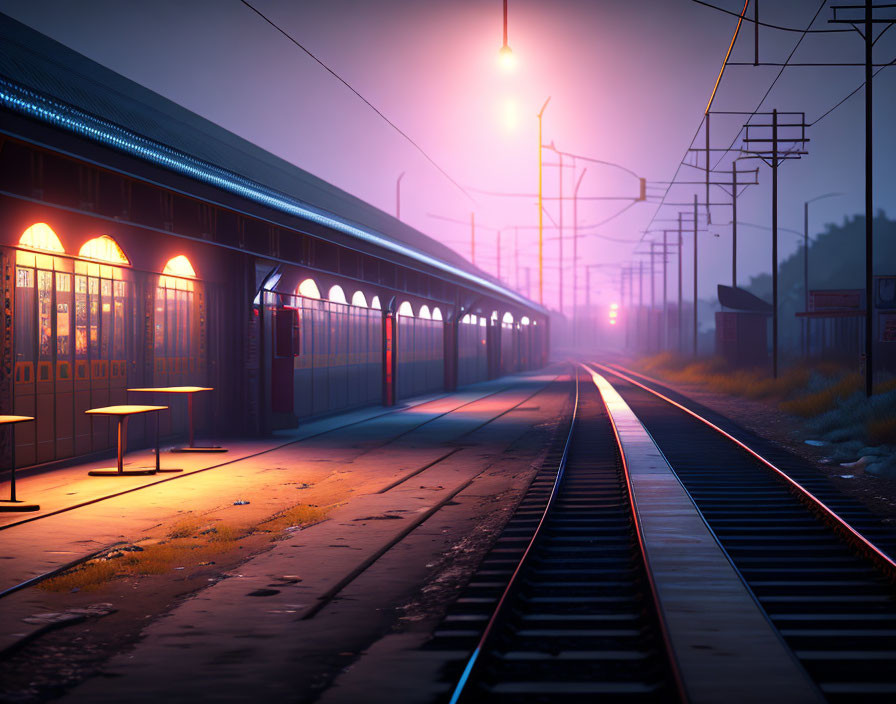 Deserted Train Platform at Dawn with Glowing Lights