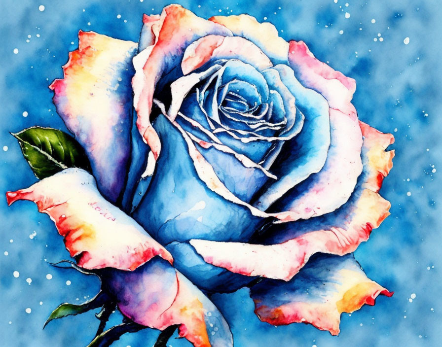 Colorful Watercolor Painting: Rose in Blue and Pink