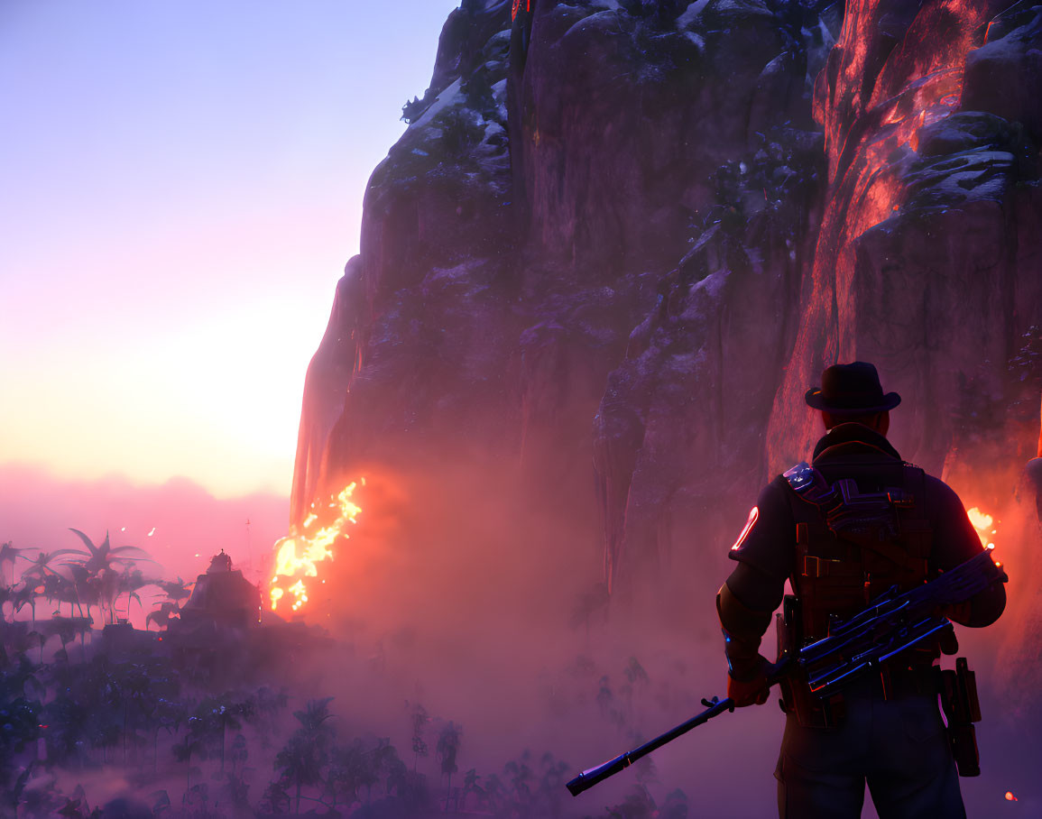 Cowboy hat character in futuristic gear gazes at lava flow during vivid sunset.