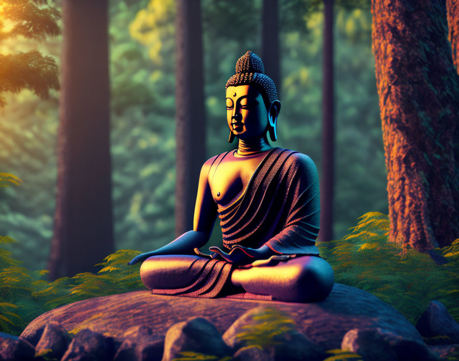 Buddha statue meditating in forest with sunlight filtering through