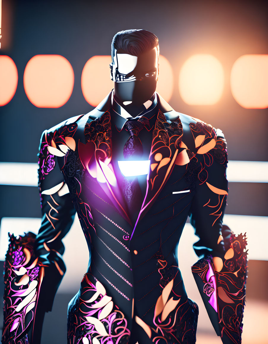 Digital Artwork: Man in Floral Suit with Glowing Visor and Bokeh Lights