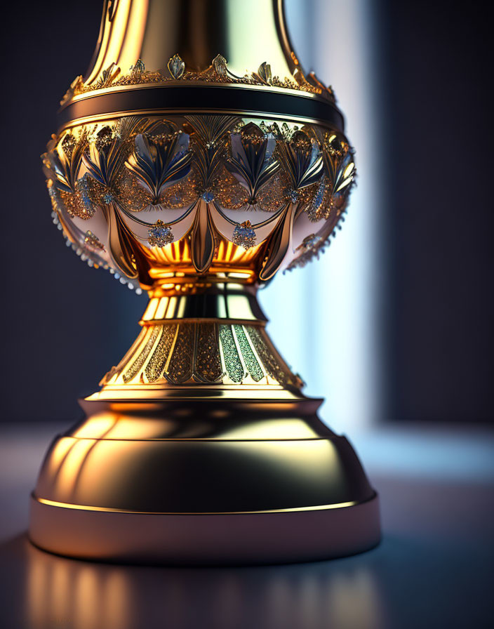 Golden trophy with intricate engravings on dark background