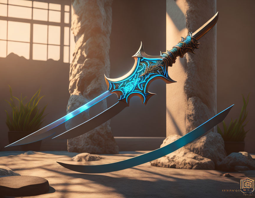 Fantastical ornate sword with glowing blue blade in serene courtyard