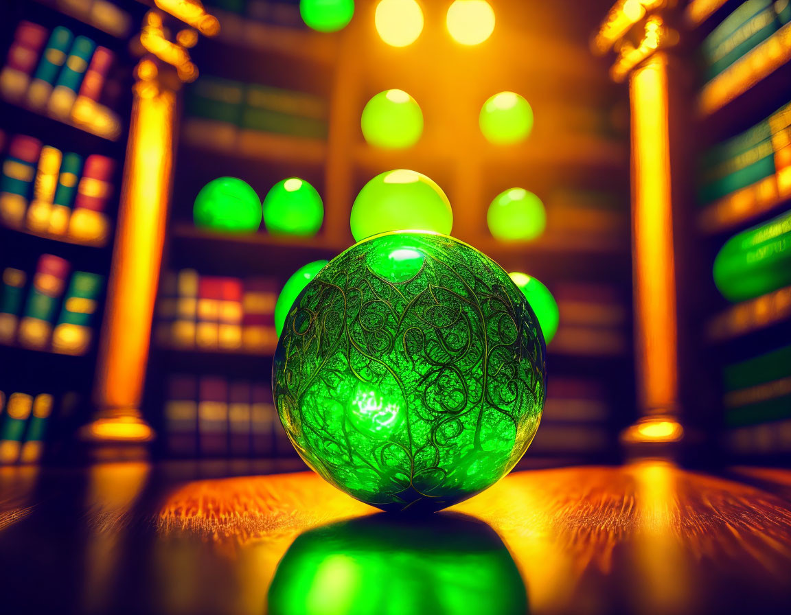 Intricate green orb on reflective surface with bookshelves background