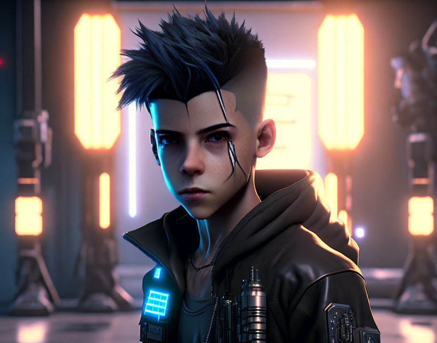 Young Male with Futuristic Hairstyle & Cybernetic Enhancements in Neon-lit 3D