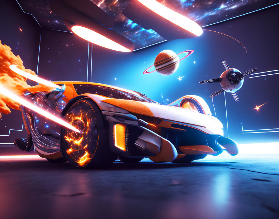 Futuristic orange and white car in neon-lit space scene