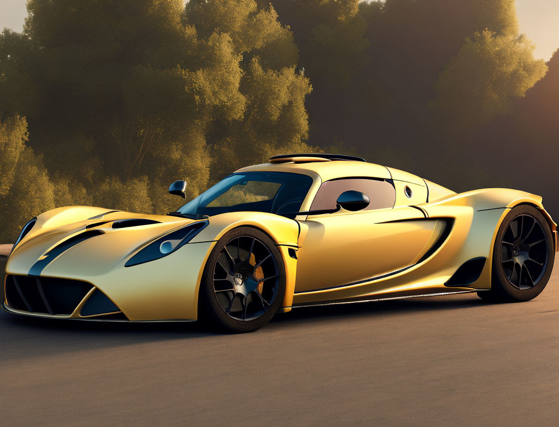 Yellow Sports Car with Black Detailing and Large Rims in Golden-hour Light