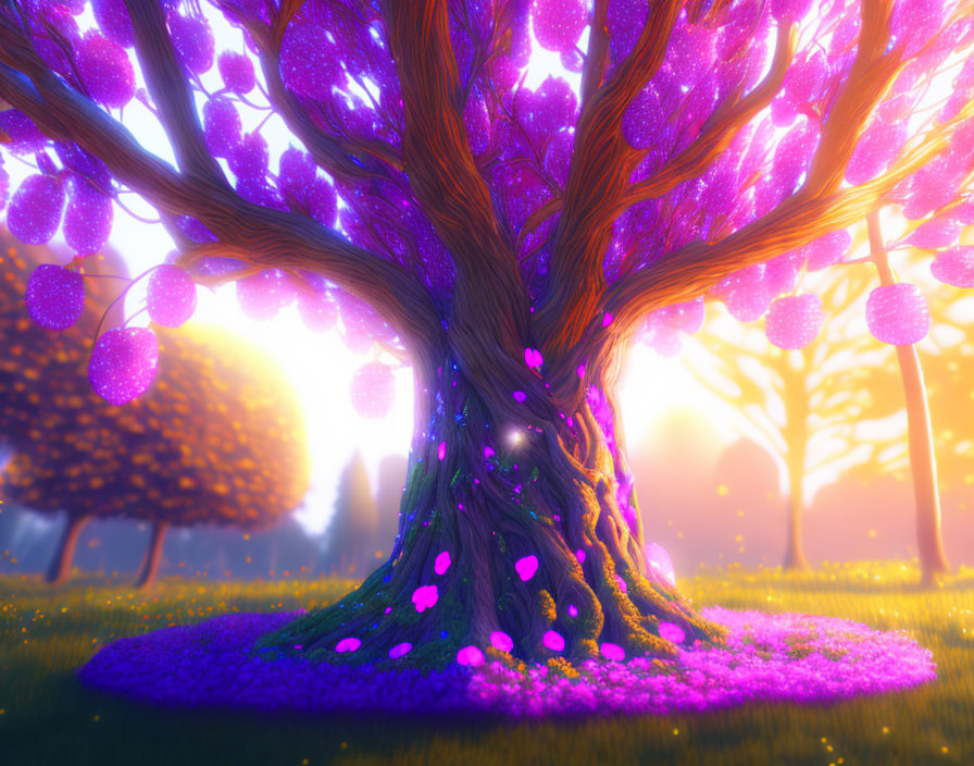 Fantasy tree with vibrant purple foliage in sunlit landscape