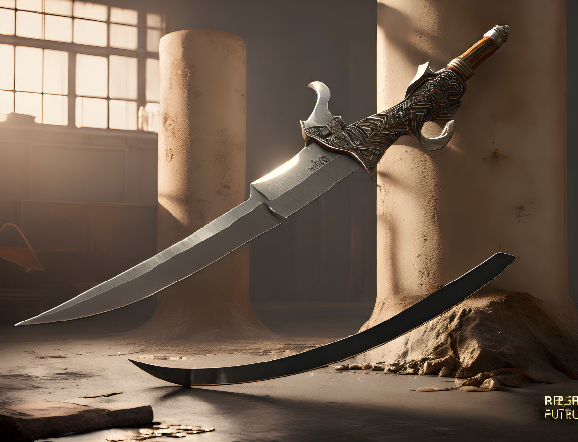 Intricately designed ornate dagger against gritty workshop backdrop