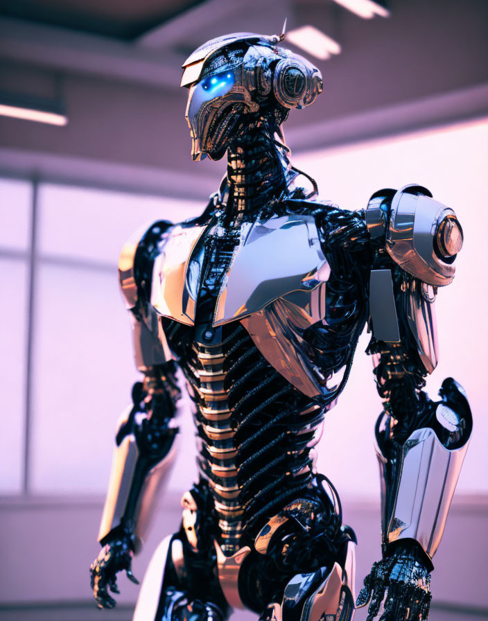Detailed humanoid robot with reflective metallic body and glowing blue eyes