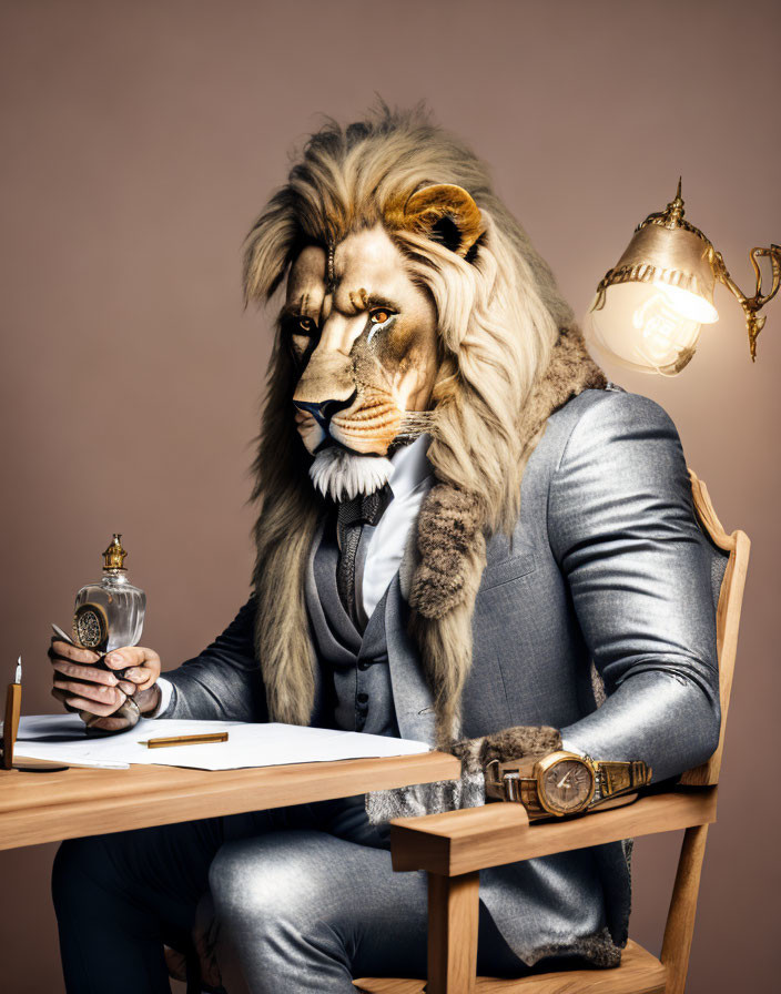 Anthropomorphic lion in suit writing notes at desk.