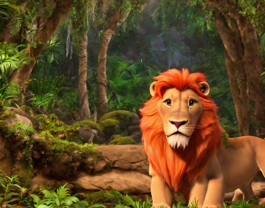 Animated lion with lush mane in vibrant jungle setting