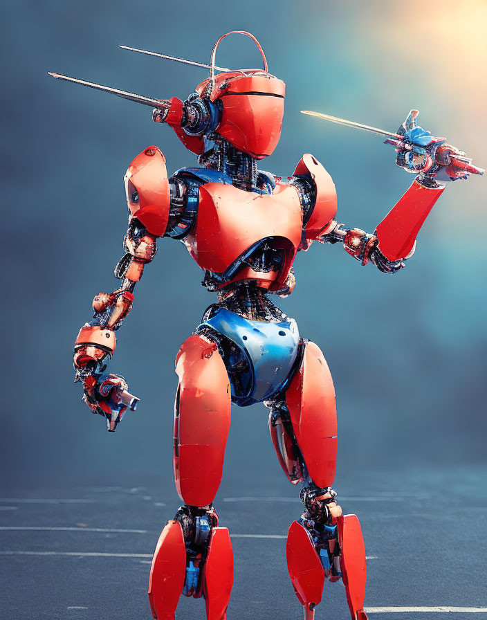 Futuristic robot in red and blue armor with articulated joints and sleek helmet against hazy background