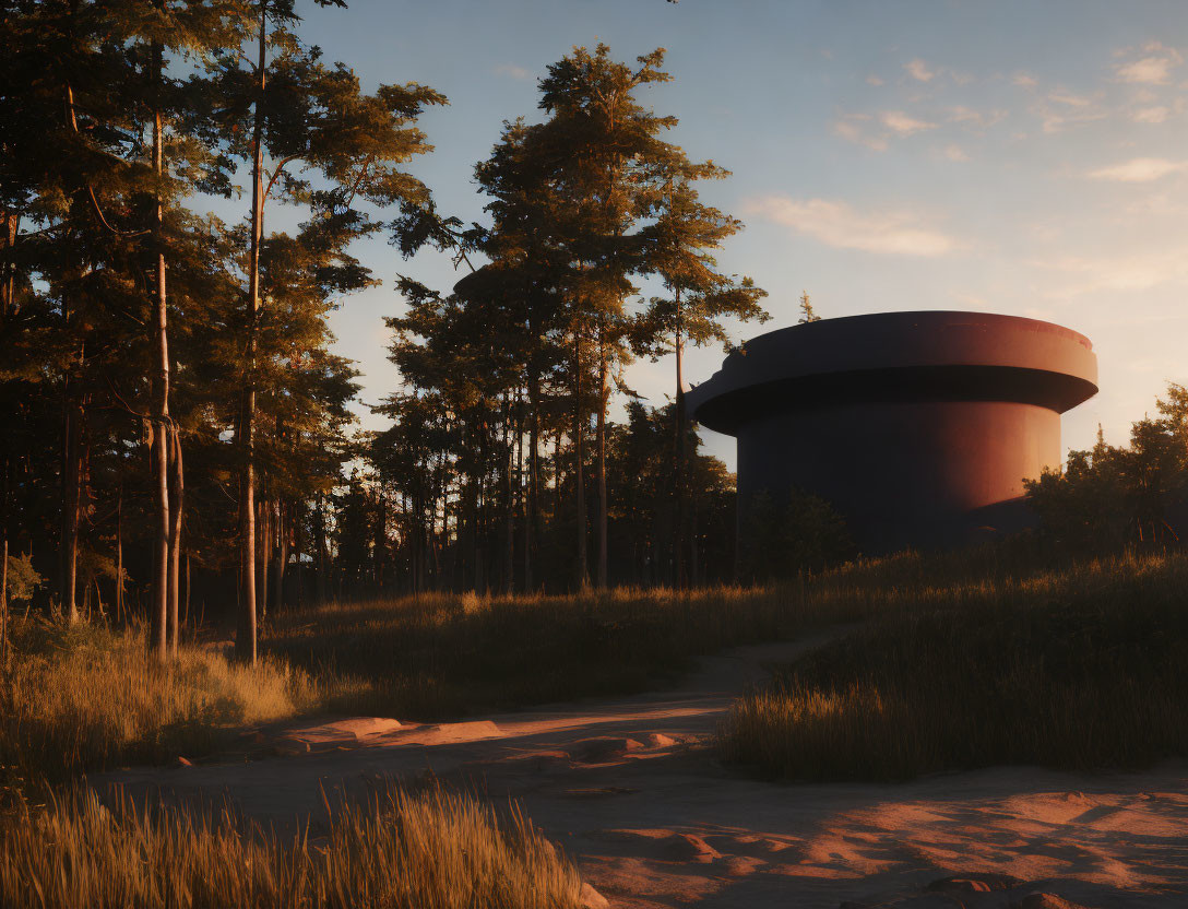 Forest with Tall Trees and Circular Building at Sunset