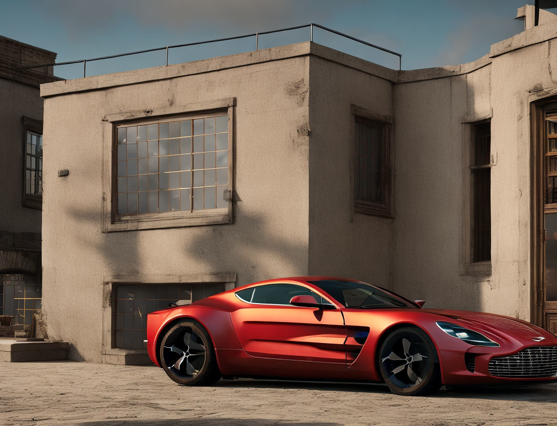 Red Sports Car Parked Beside Beige Industrial Building