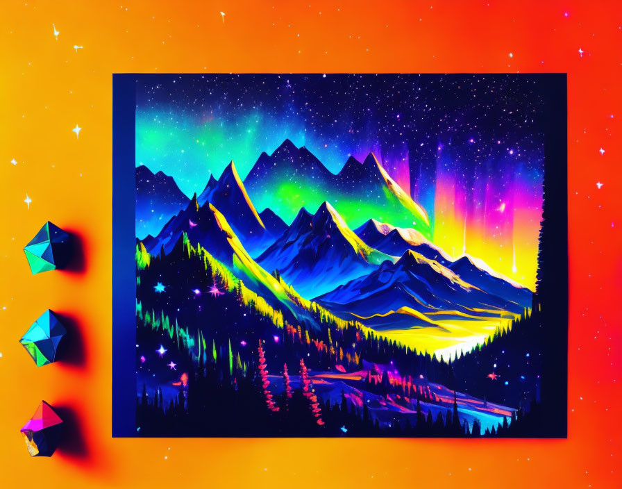 Colorful aurora borealis over mountain landscape with origami birds on orange backdrop