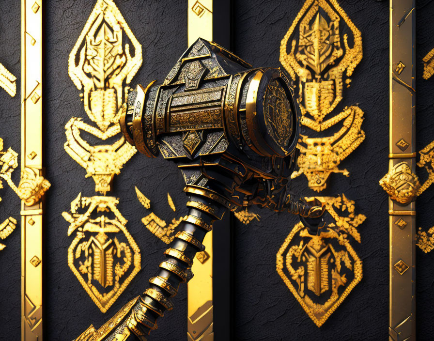 Detailed Ornate Hammer with Intricate Patterns on Gold and Black Background