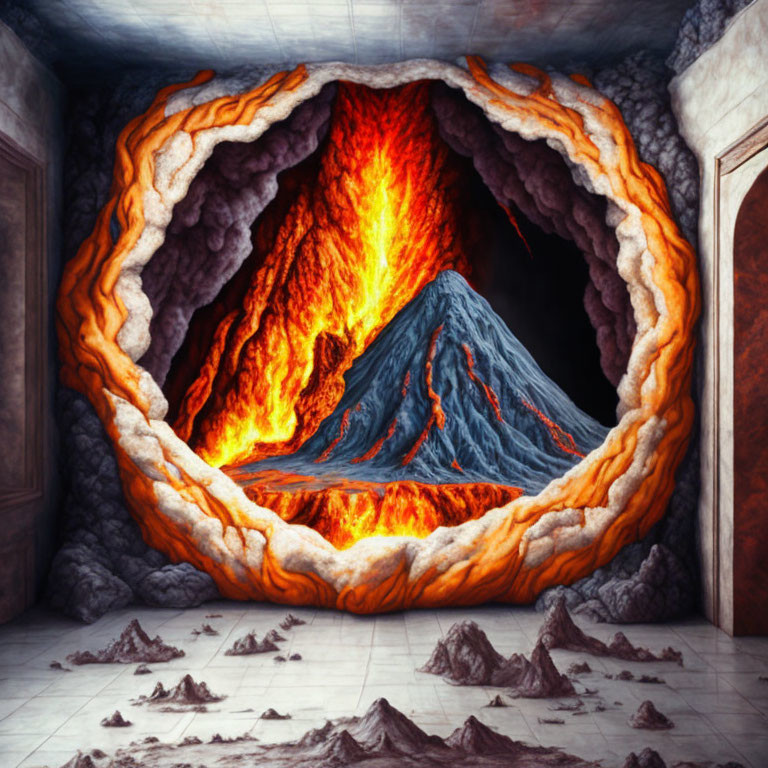 Surreal painting of volcanic eruption in ornate frame