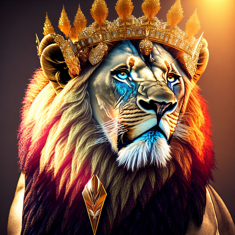 Colorful lion with gold crown and jewel pendant