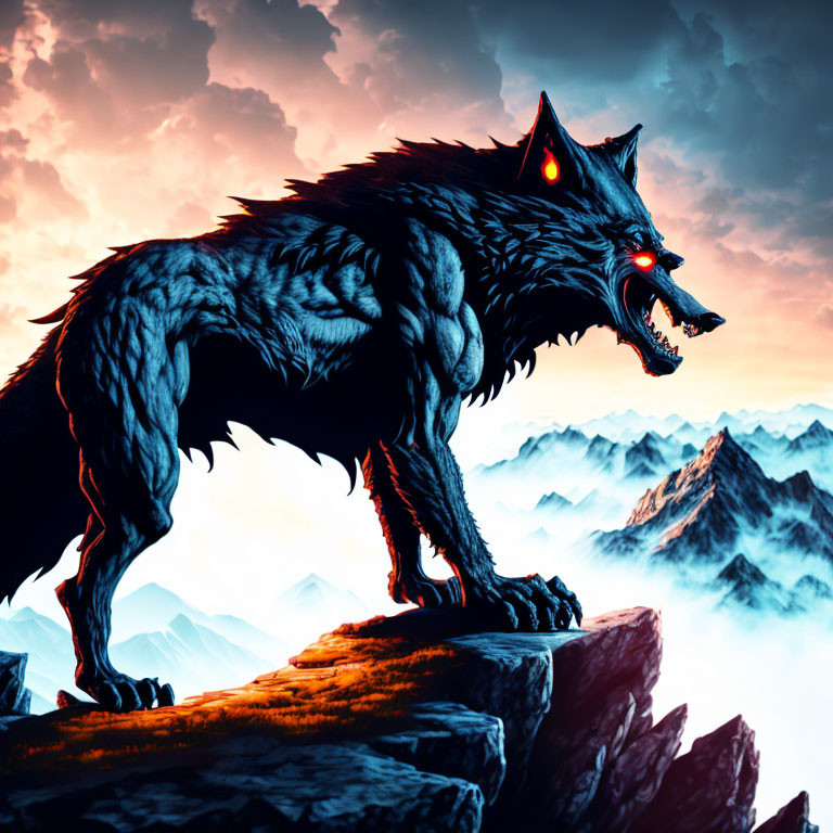 Majestic wolf with red eyes on rocky peak under dramatic sky