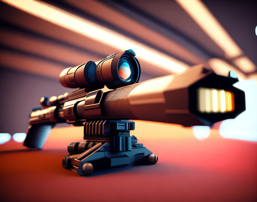 Futuristic sniper rifle with illuminated barrel under neon lights