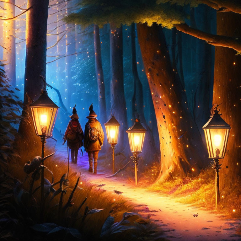 Enchanted forest scene with glowing lanterns and magical blue light.