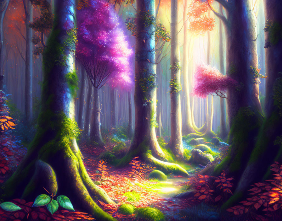 Vibrant purple foliage in enchanted forest with sunbeams and glowing pathway