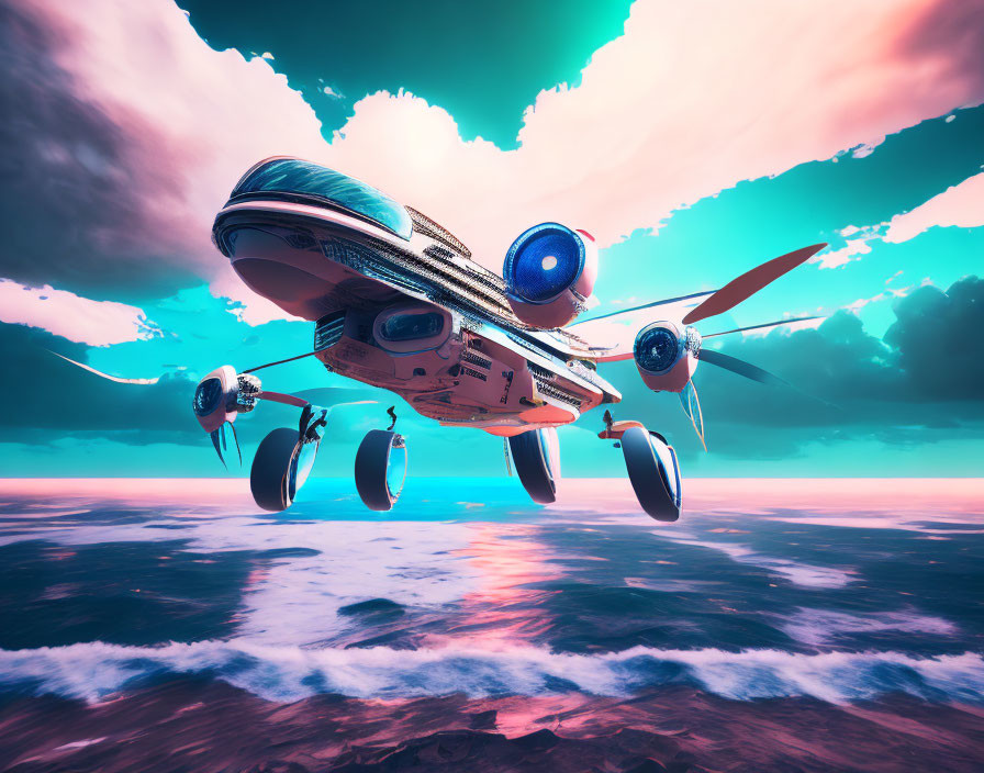 Futuristic aircraft flying above pink and blue sunset clouds