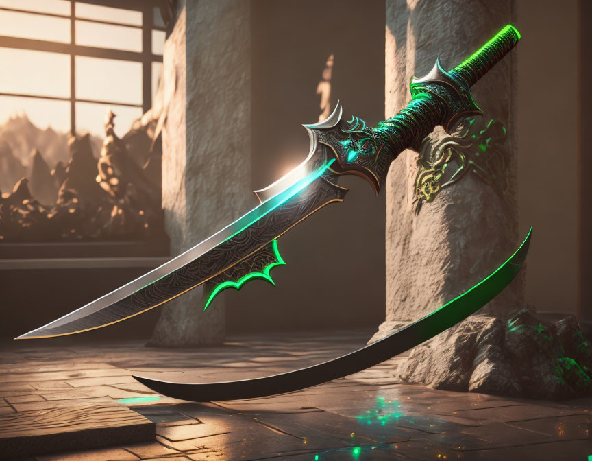 Intricately designed fantasy dagger with glowing green accents on stone floor