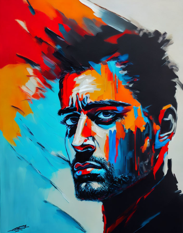 Colorful painting of a man with intense eyes and dynamic brush strokes