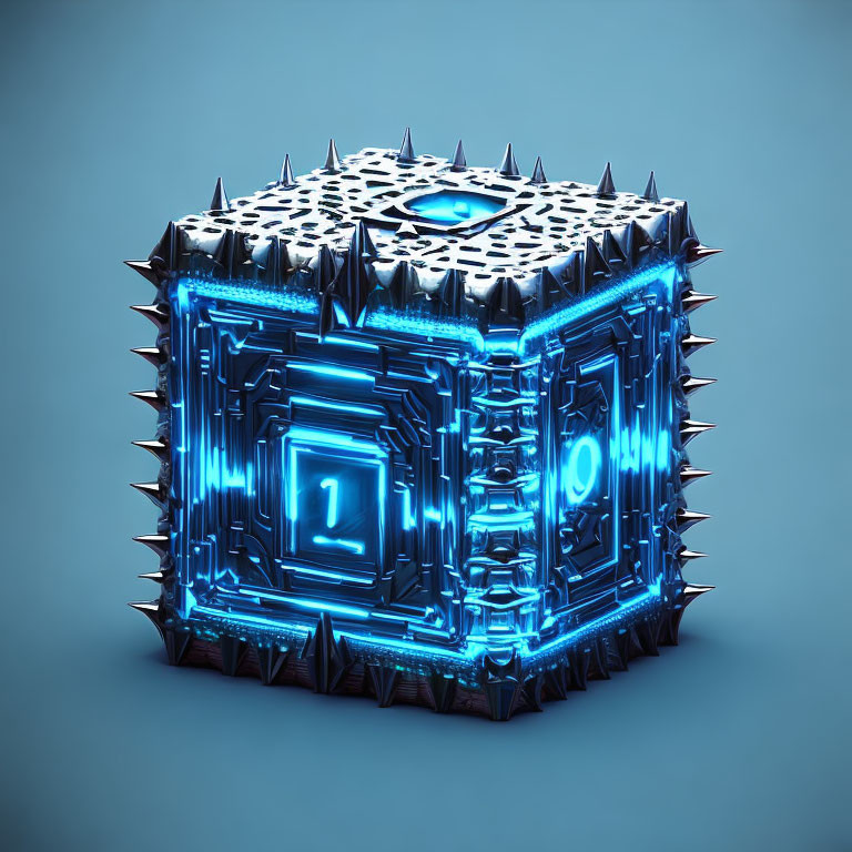 Futuristic cubic object with glowing blue neon lights and sharp spikes on blue background