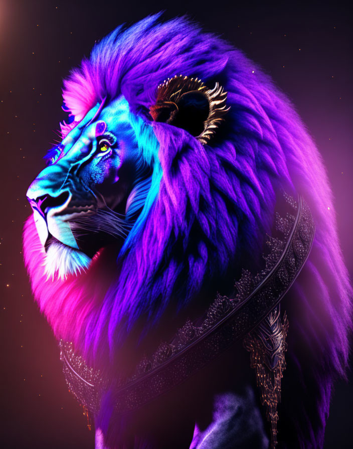 Majestic lion digital art with purple and blue fur and golden accessories